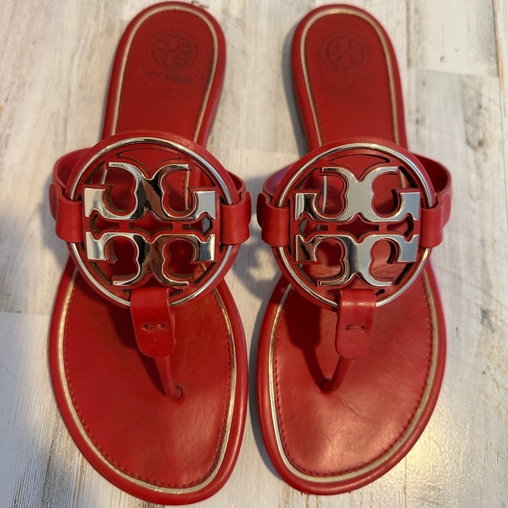 TORY BURCH Metal Miller Sandals Brilliant Red/Gold Sz 9.5